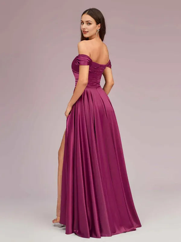 Robe de soirée sexy en satin plissé, épaules dénudées, fente latérale, coupe trapèze, longue et douce